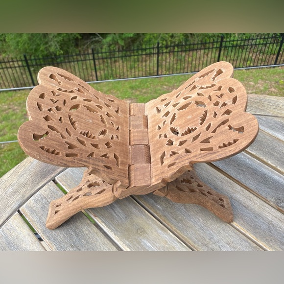 Vintage Hand Carved Wood Folding Cookbook Holder Bible Book Display Stand - Picture 1 of 8